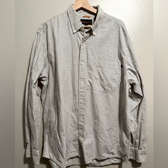Timberland Men's Button Up Long Sleeve Shirt White & Gold Plaid - Picture 1 of 10